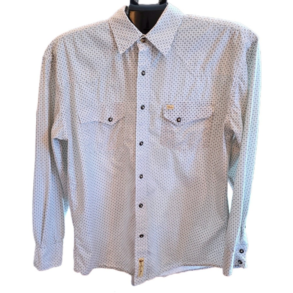 Larry Mahan Mens Western Pearl Snap Shirt Large L Cotton White Geometric